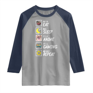 Eat Sleep Anime Gaming Repeat Raglan Shirt Kawaii Otaku Gamer Manga Ramen Lover TS02 Sport Gray Navy Print Your Wear