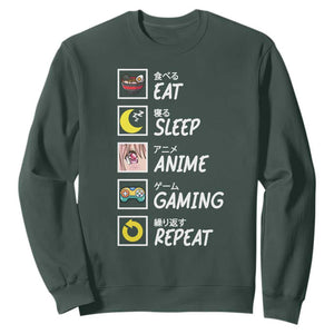 Eat Sleep Anime Gaming Repeat Sweatshirt Kawaii Otaku Gamer Manga Ramen Lover TS02 Dark Forest Green Print Your Wear