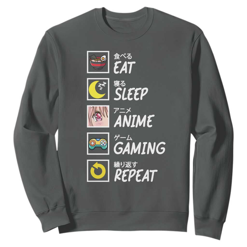 Eat Sleep Anime Gaming Repeat Sweatshirt Kawaii Otaku Gamer Manga Ramen Lover TS02 Dark Heather Print Your Wear
