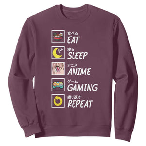 Eat Sleep Anime Gaming Repeat Sweatshirt Kawaii Otaku Gamer Manga Ramen Lover TS02 Maroon Print Your Wear