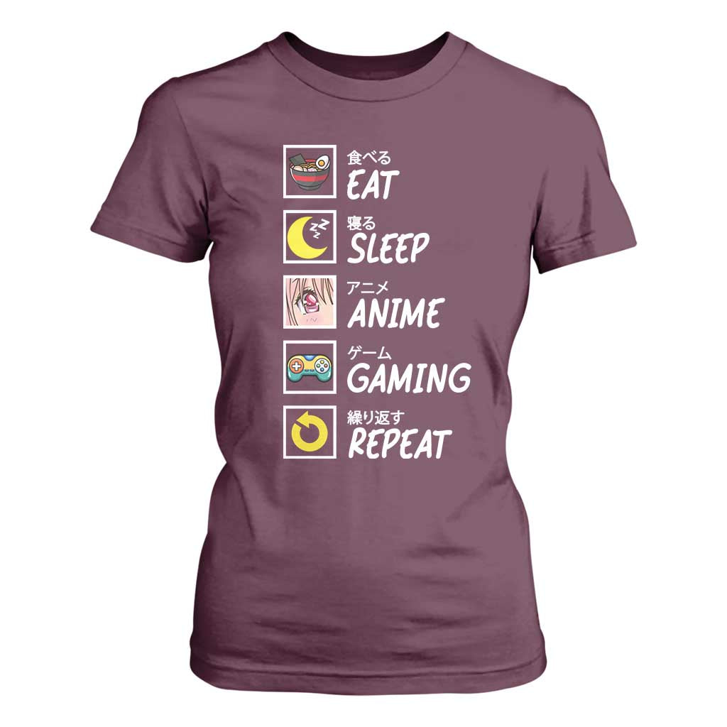 Eat Sleep Anime Gaming Repeat T Shirt For Women Kawaii Otaku Gamer Manga Ramen Lover TS02 Maroon Print Your Wear