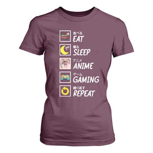 Eat Sleep Anime Gaming Repeat T Shirt For Women Kawaii Otaku Gamer Manga Ramen Lover TS02 Maroon Print Your Wear