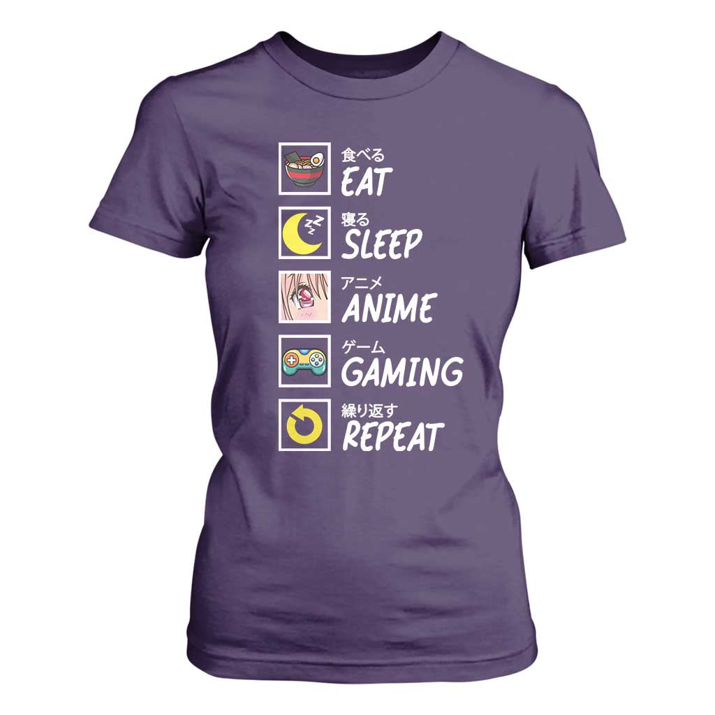 Eat Sleep Anime Gaming Repeat T Shirt For Women Kawaii Otaku Gamer Manga Ramen Lover TS02 Purple Print Your Wear
