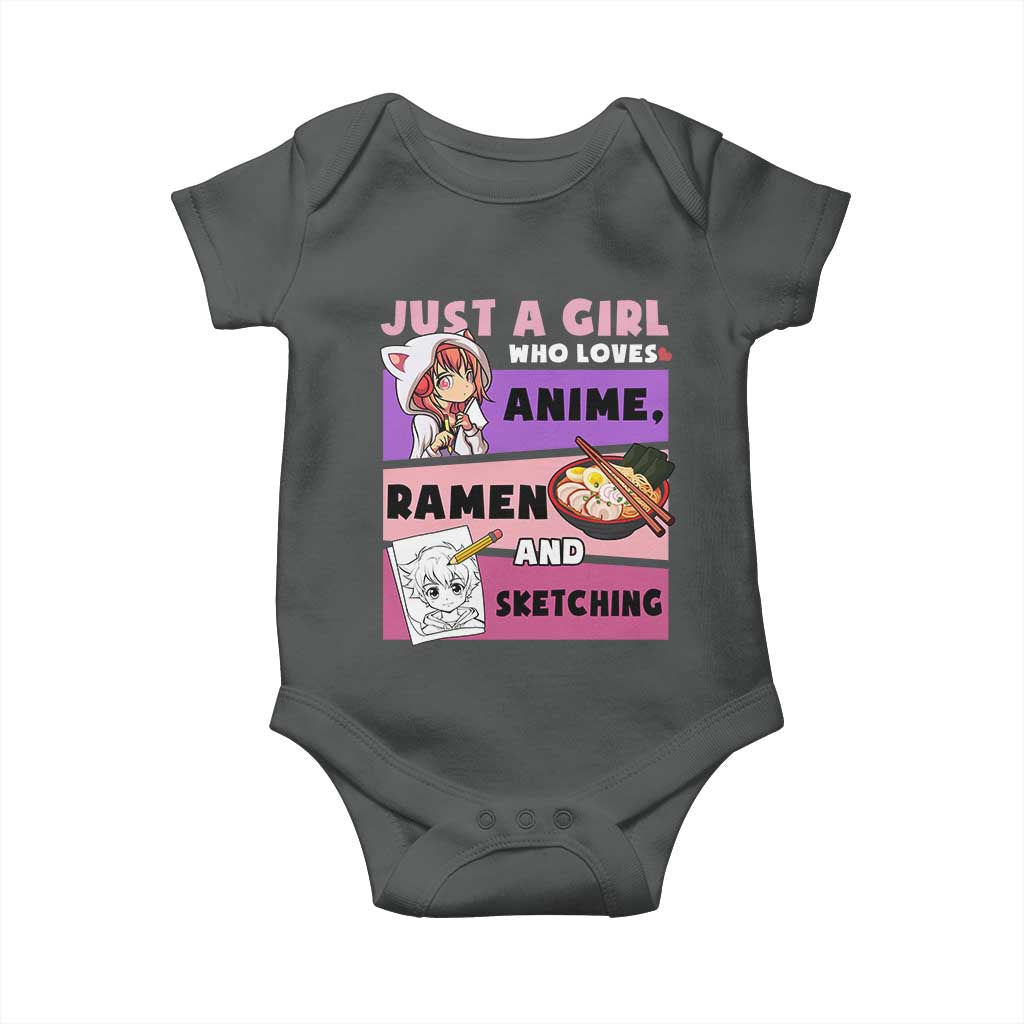 Just A Girl Who Loves Anime Ramen And Sketching Baby Onesie Cute Japan Kawaii Otaku Manga Lover TS02 Dark Heather Print Your Wear