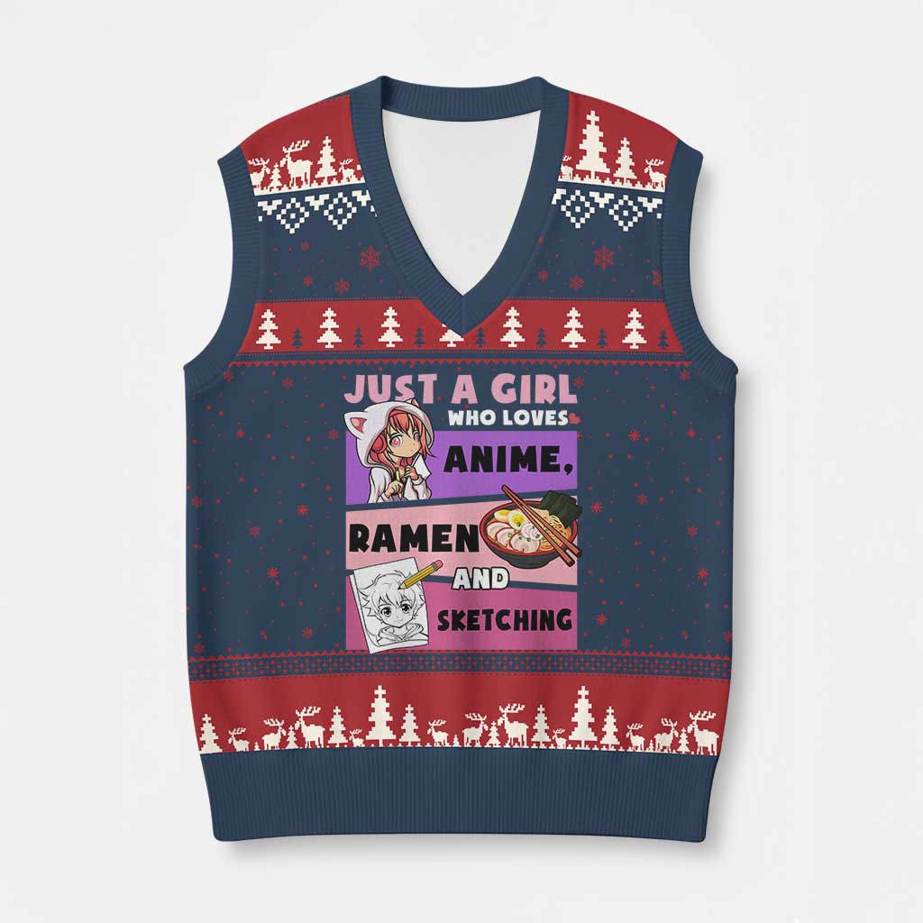 Just A Girl Who Loves Anime Ramen And Sketching V-Neck Knit Sweater Vest Cute Japan Kawaii Otaku Manga Lover TS02 Navy Red Print Your Wear