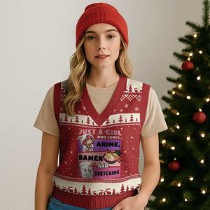 Just A Girl Who Loves Anime Ramen And Sketching V-Neck Knit Sweater Vest Cute Japan Kawaii Otaku Manga Lover TS02 Red Beige Print Your Wear