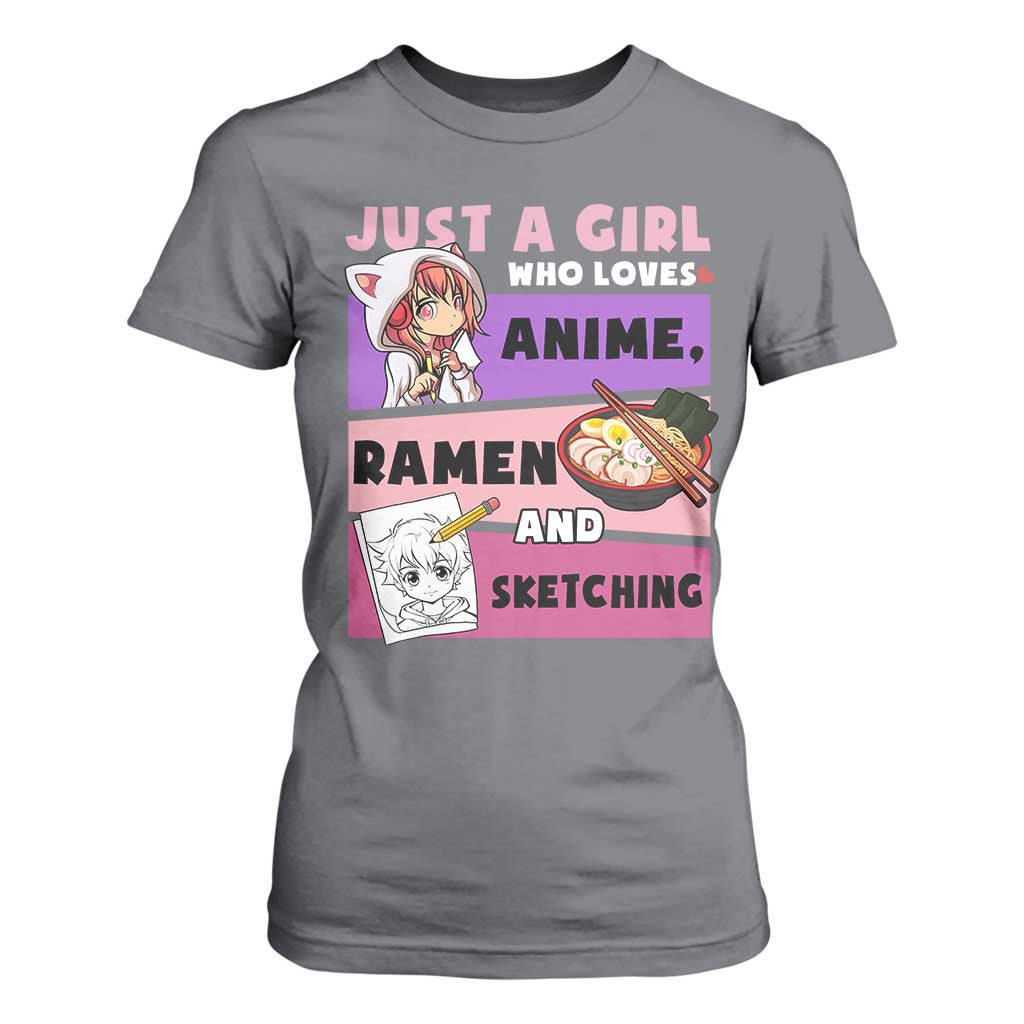 Just A Girl Who Loves Anime Ramen And Sketching T Shirt For Women Cute Japan Kawaii Otaku Manga Lover TS02 Charcoal Print Your Wear