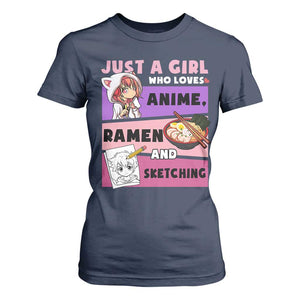 Just A Girl Who Loves Anime Ramen And Sketching T Shirt For Women Cute Japan Kawaii Otaku Manga Lover TS02 Navy Print Your Wear