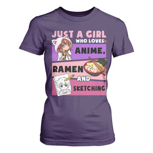 Just A Girl Who Loves Anime Ramen And Sketching T Shirt For Women Cute Japan Kawaii Otaku Manga Lover TS02 Purple Print Your Wear