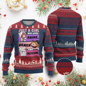 Just A Girl Who Loves Anime Ramen And Sketching Ugly Christmas Sweater Cute Japan Kawaii Otaku Manga Lover TS02 Burgundy Print Your Wear