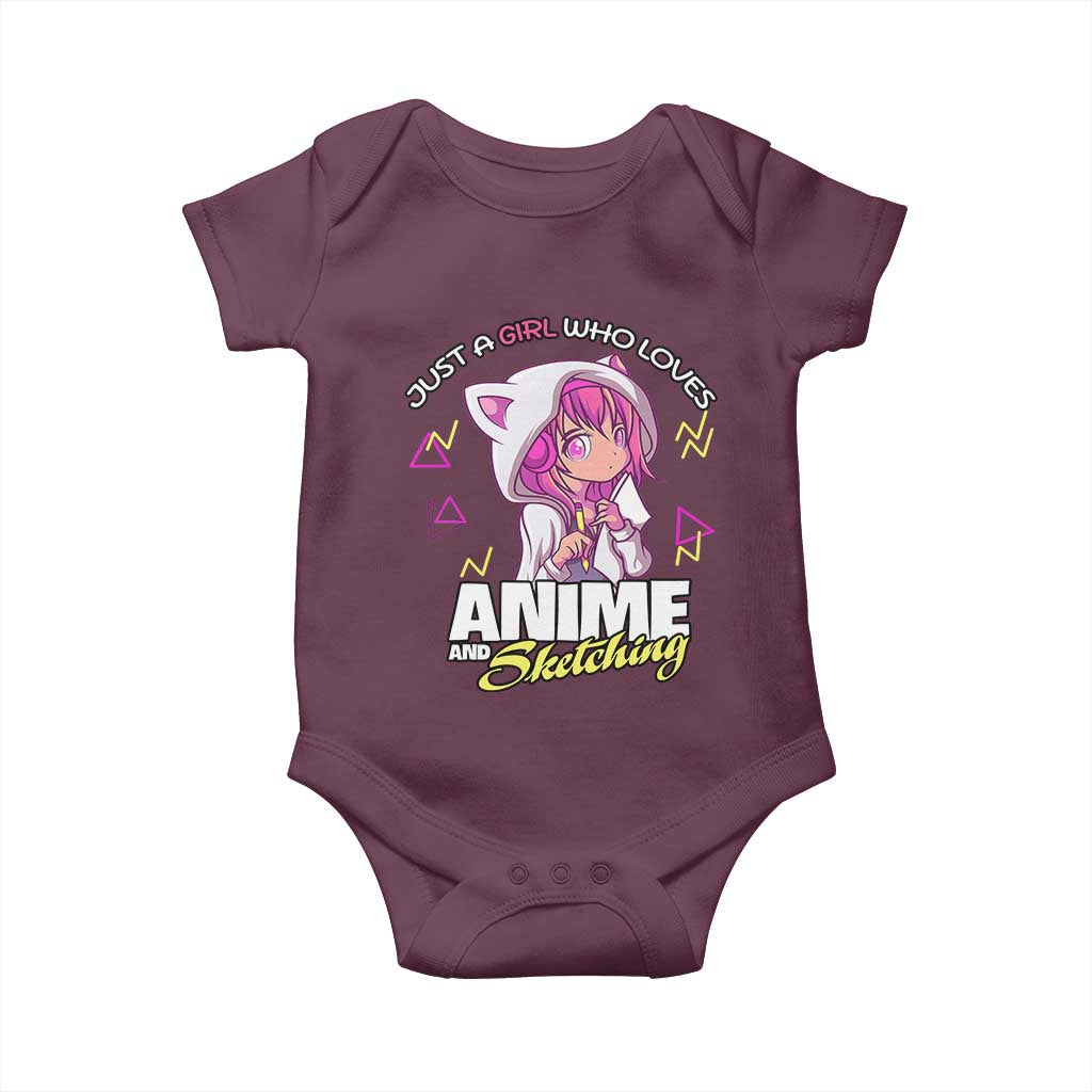 Just A Girl Who Loves Anime and Sketching Baby Onesie Japan Kawaii Otaku Manga Lover TS02 Maroon Print Your Wear