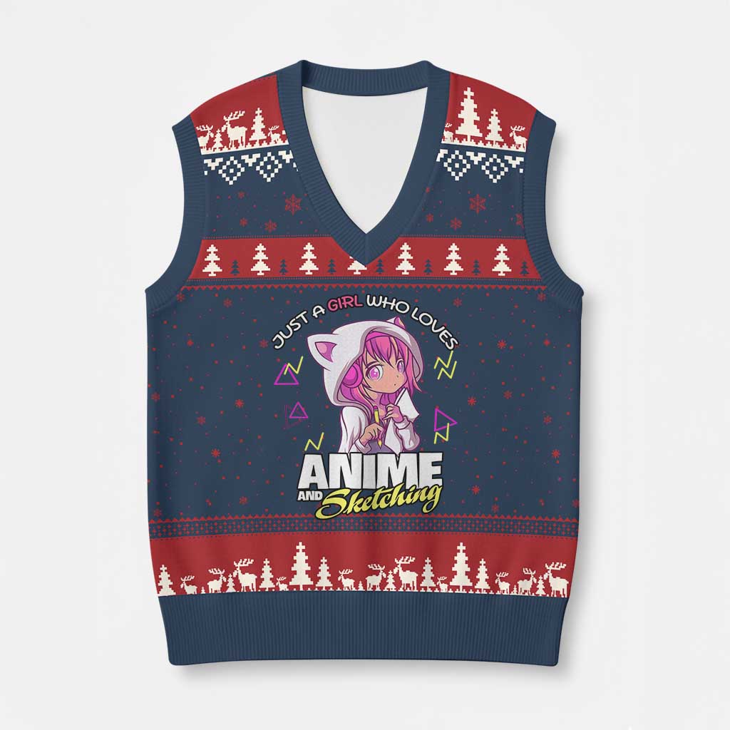 Just A Girl Who Loves Anime and Sketching V-Neck Knit Sweater Vest Japan Kawaii Otaku Manga Lover TS02 Navy Red Print Your Wear