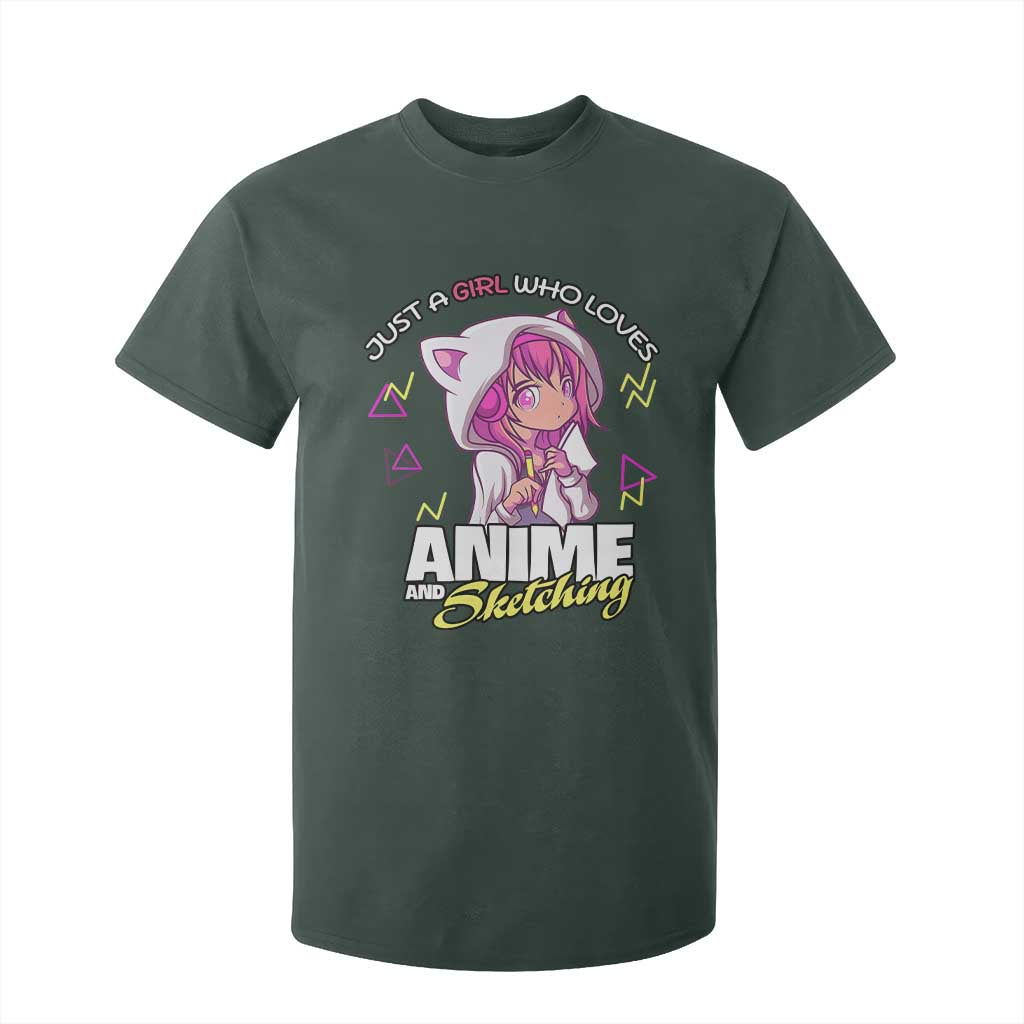 Just A Girl Who Loves Anime and Sketching T Shirt For Kid Japan Kawaii Otaku Manga Lover TS02 Dark Forest Green Print Your Wear