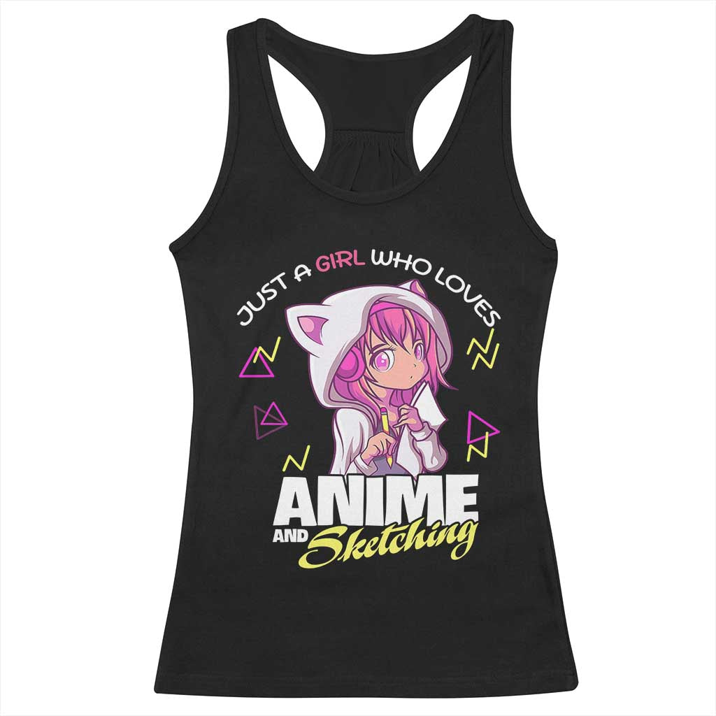 Just A Girl Who Loves Anime and Sketching Racerback Tank Top Japan Kawaii Otaku Manga Lover TS02 Black Print Your Wear