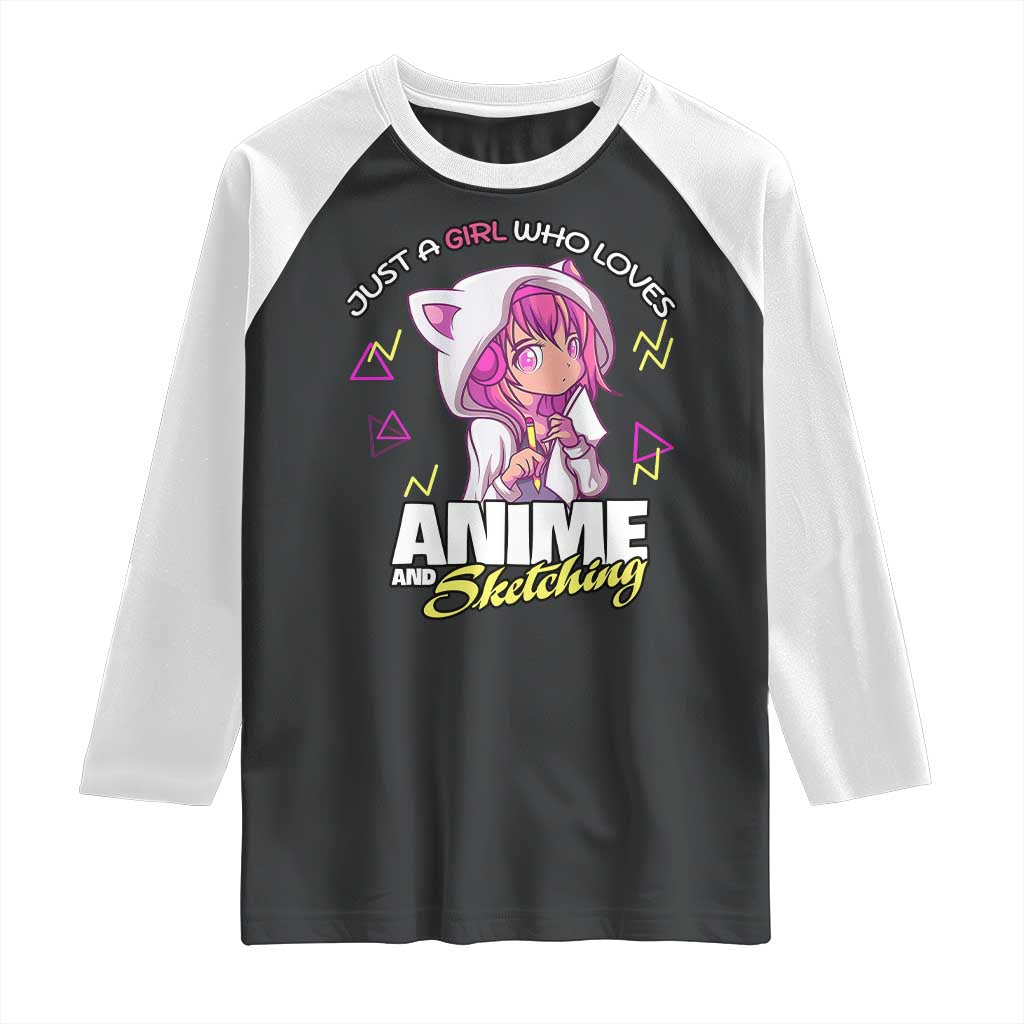 Just A Girl Who Loves Anime and Sketching Raglan Shirt Japan Kawaii Otaku Manga Lover TS02 Black White Print Your Wear