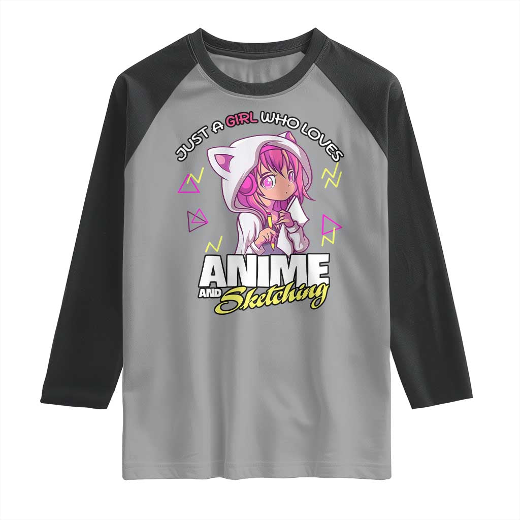 Just A Girl Who Loves Anime and Sketching Raglan Shirt Japan Kawaii Otaku Manga Lover TS02 Sport Gray Black Print Your Wear