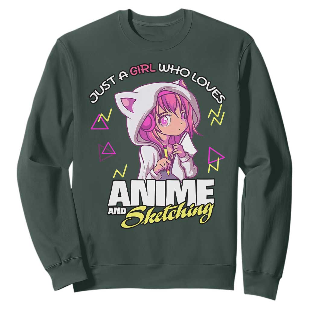 Just A Girl Who Loves Anime and Sketching Sweatshirt Japan Kawaii Otaku Manga Lover TS02 Dark Forest Green Print Your Wear