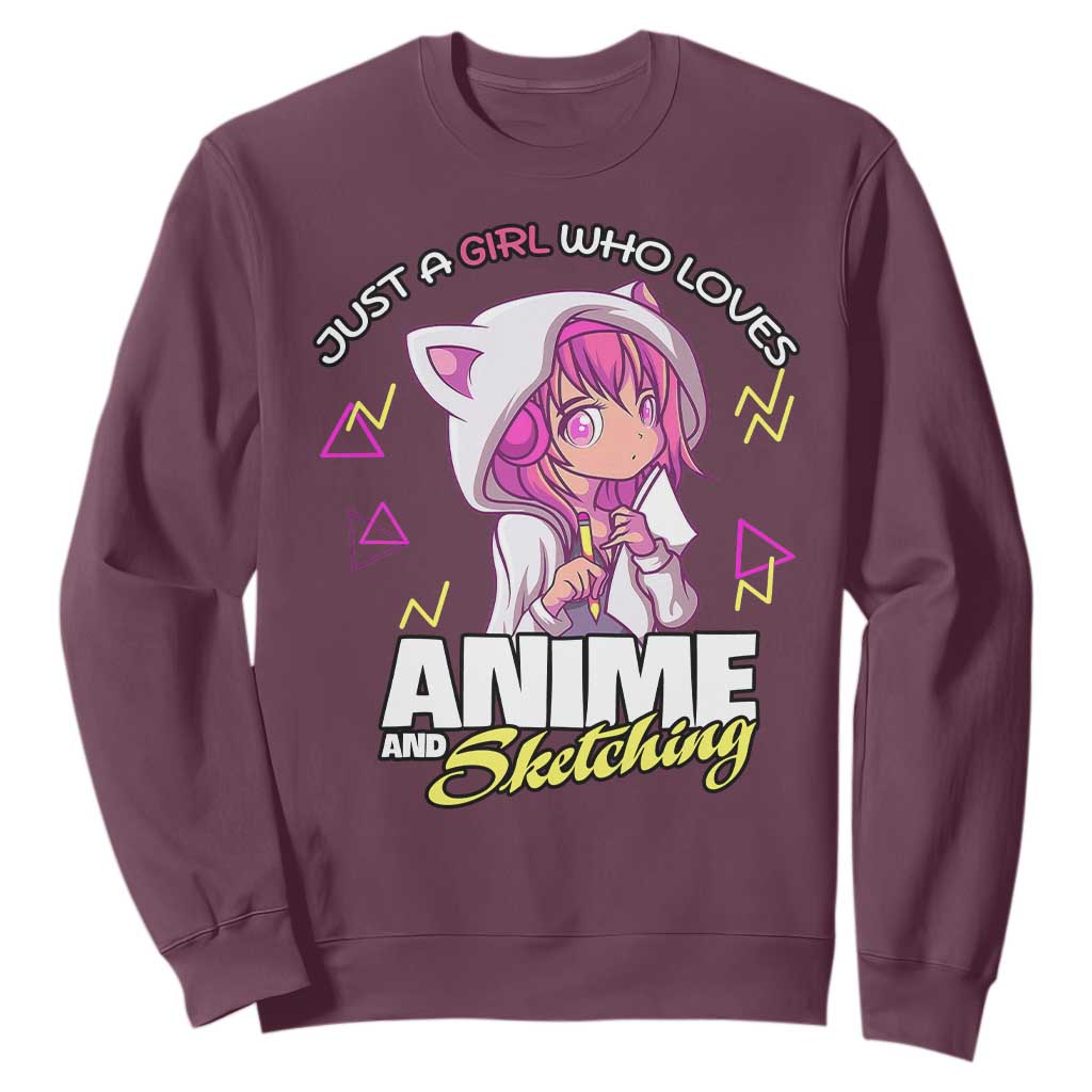 Just A Girl Who Loves Anime and Sketching Sweatshirt Japan Kawaii Otaku Manga Lover TS02 Maroon Print Your Wear