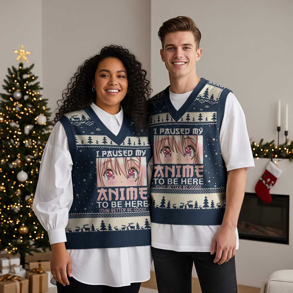 Japan Anime Manga Otaku V-Neck Knit Sweater Vest I Paused My Anime To Be Here Kawaii Girls TS02 Navy Beige Print Your Wear