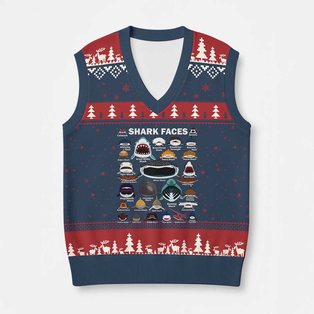 Shark Faces V-Neck Knit Sweater Vest Type Of Sharks Identification Marine Biology TS02 Navy Red Print Your Wear