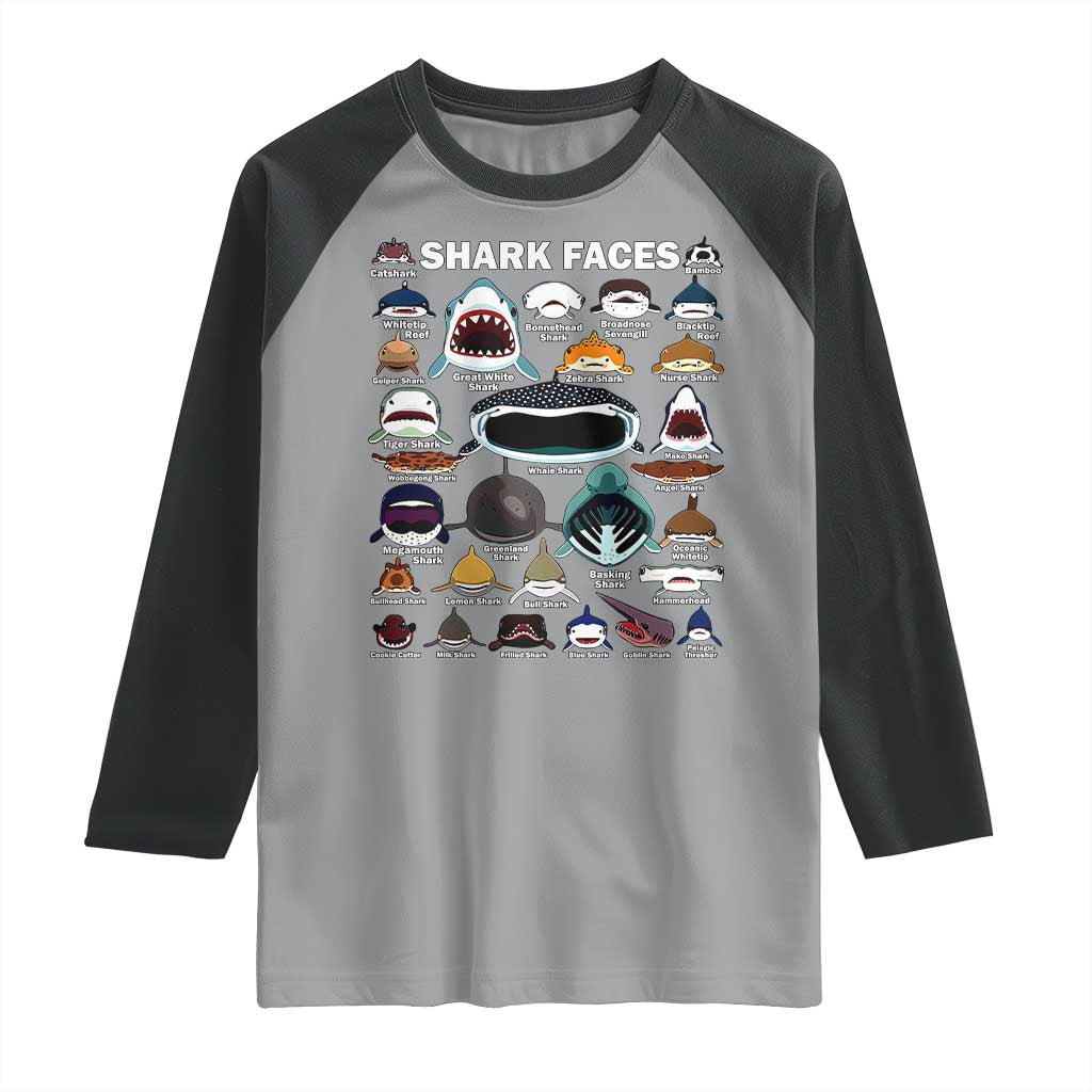 Shark Faces Raglan Shirt Type Of Sharks Identification Marine Biology TS02 Sport Gray Black Print Your Wear