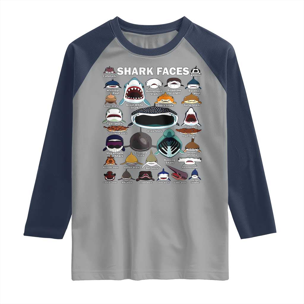 Shark Faces Raglan Shirt Type Of Sharks Identification Marine Biology TS02 Sport Gray Navy Print Your Wear
