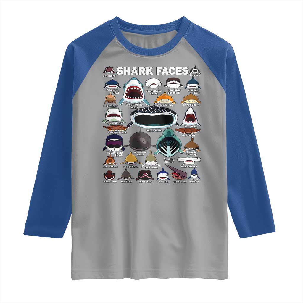 Shark Faces Raglan Shirt Type Of Sharks Identification Marine Biology TS02 Sport Gray Royal Print Your Wear