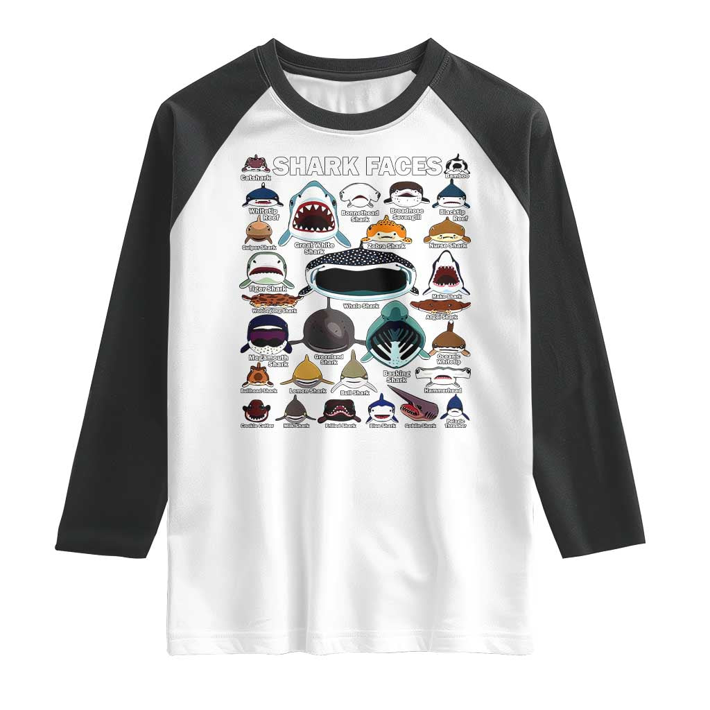 Shark Faces Raglan Shirt Type Of Sharks Identification Marine Biology TS02 White Black Print Your Wear