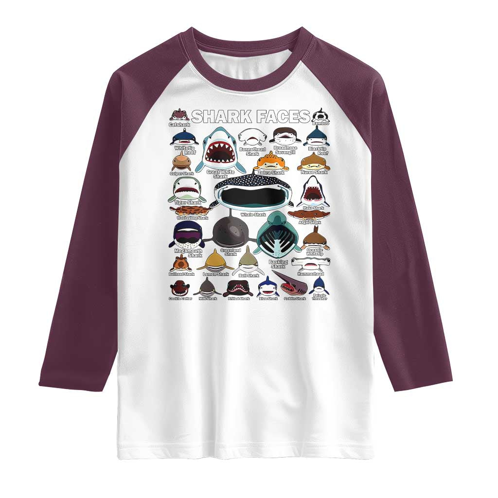 Shark Faces Raglan Shirt Type Of Sharks Identification Marine Biology TS02 White Maroon Print Your Wear