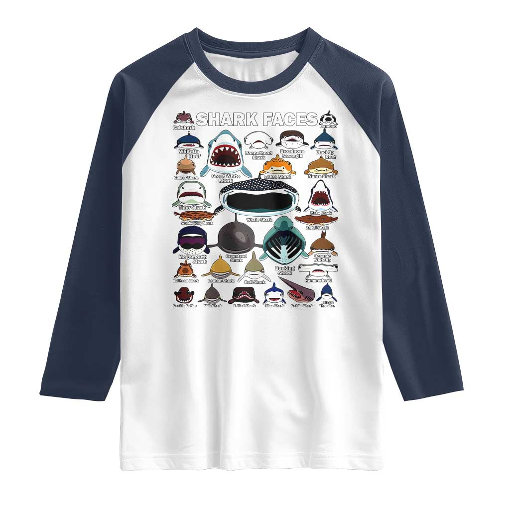 Shark Faces Raglan Shirt Type Of Sharks Identification Marine Biology TS02 White Navy Print Your Wear