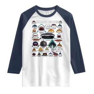 Shark Faces Raglan Shirt Type Of Sharks Identification Marine Biology TS02 White Navy Print Your Wear