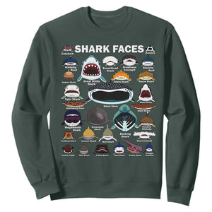 Shark Faces Sweatshirt Type Of Sharks Identification Marine Biology TS02 Dark Forest Green Print Your Wear