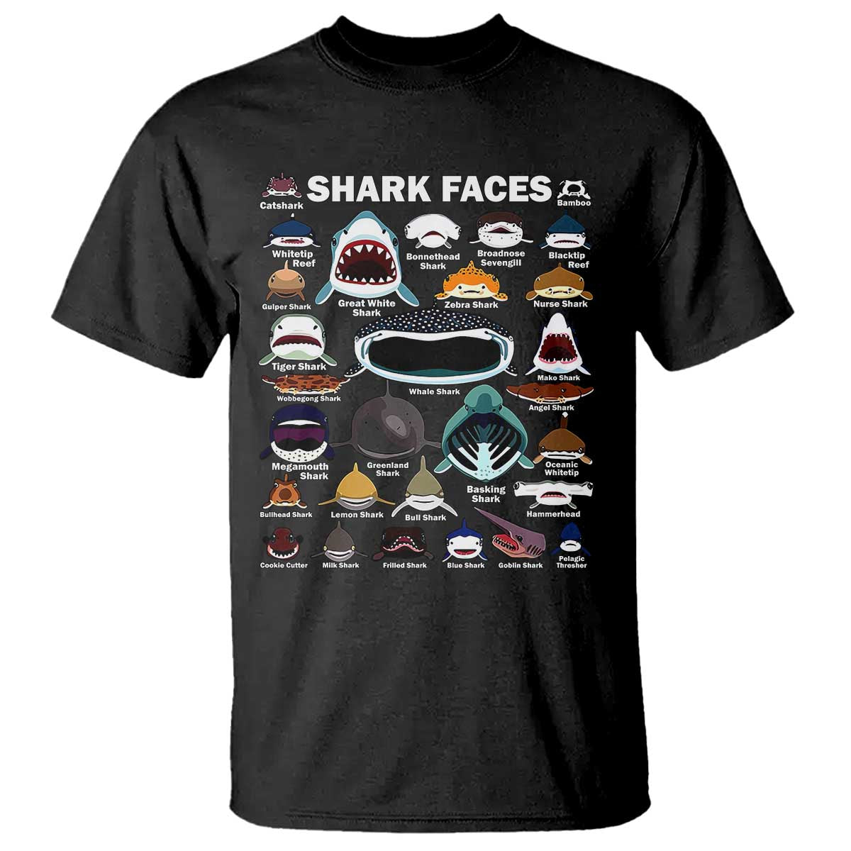 Shark Faces T Shirt Type Of Sharks Identification Marine Biology TS02 Black Print Your Wear