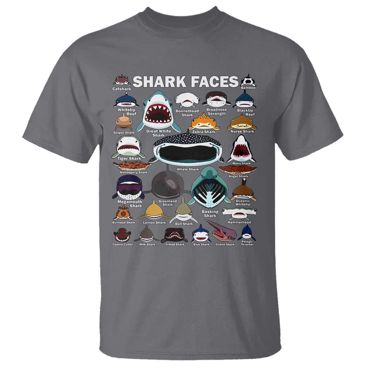 Shark Faces T Shirt Type Of Sharks Identification Marine Biology TS02 Charcoal Print Your Wear