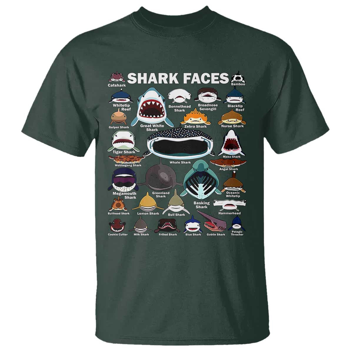 Shark Faces T Shirt Type Of Sharks Identification Marine Biology TS02 Dark Forest Green Print Your Wear