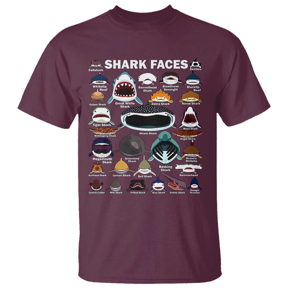 Shark Faces T Shirt Type Of Sharks Identification Marine Biology TS02 Maroon Print Your Wear