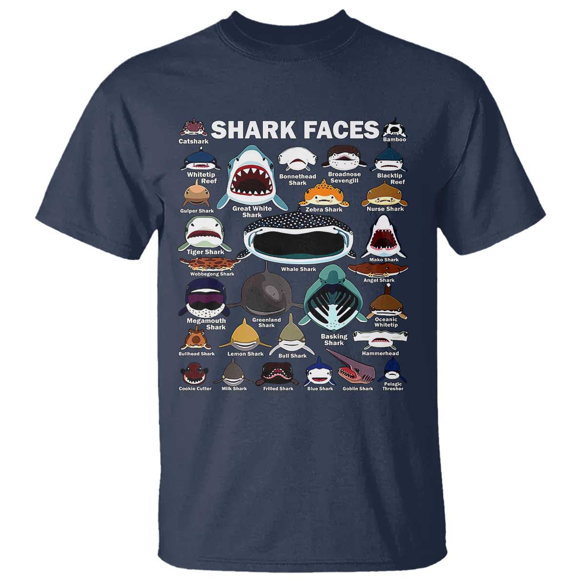 Shark Faces T Shirt Type Of Sharks Identification Marine Biology TS02 Navy Print Your Wear