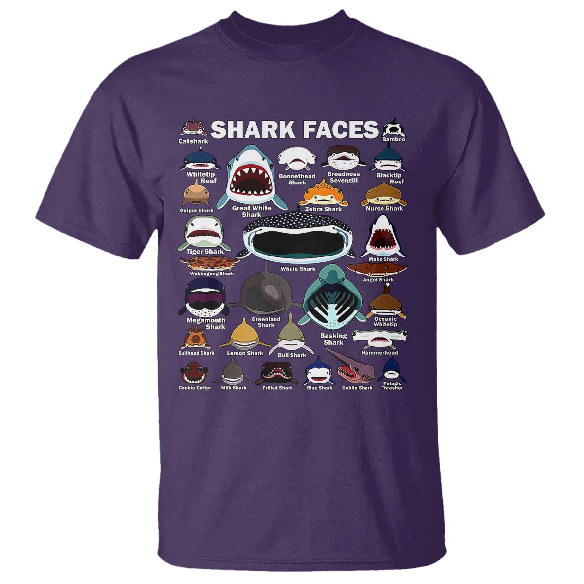 Shark Faces T Shirt Type Of Sharks Identification Marine Biology TS02 Purple Print Your Wear