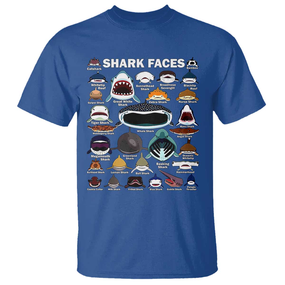 Shark Faces T Shirt Type Of Sharks Identification Marine Biology TS02 Royal Blue Print Your Wear