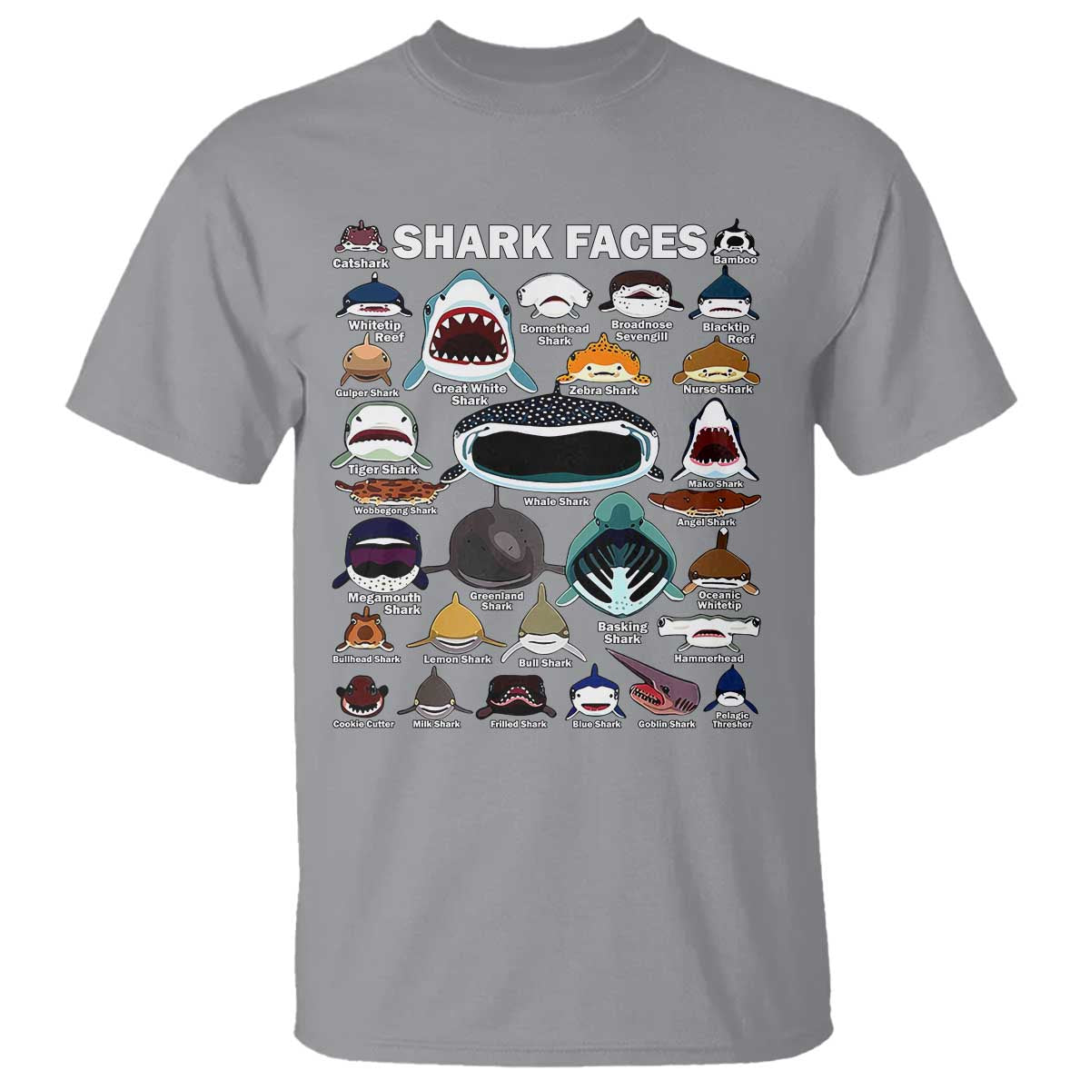 Shark Faces T Shirt Type Of Sharks Identification Marine Biology TS02 Sport Gray Print Your Wear