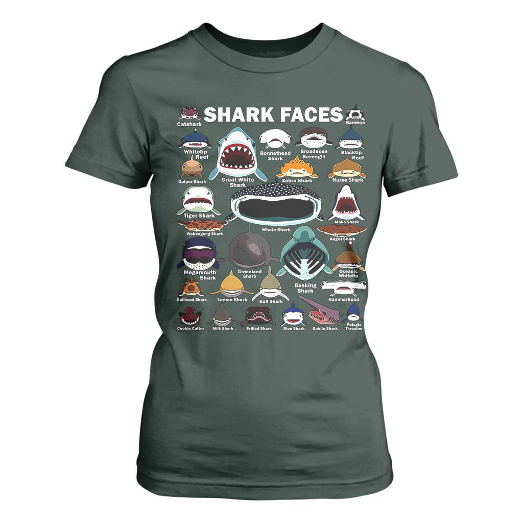 Shark Faces T Shirt For Women Type Of Sharks Identification Marine Biology TS02 Dark Forest Green Print Your Wear