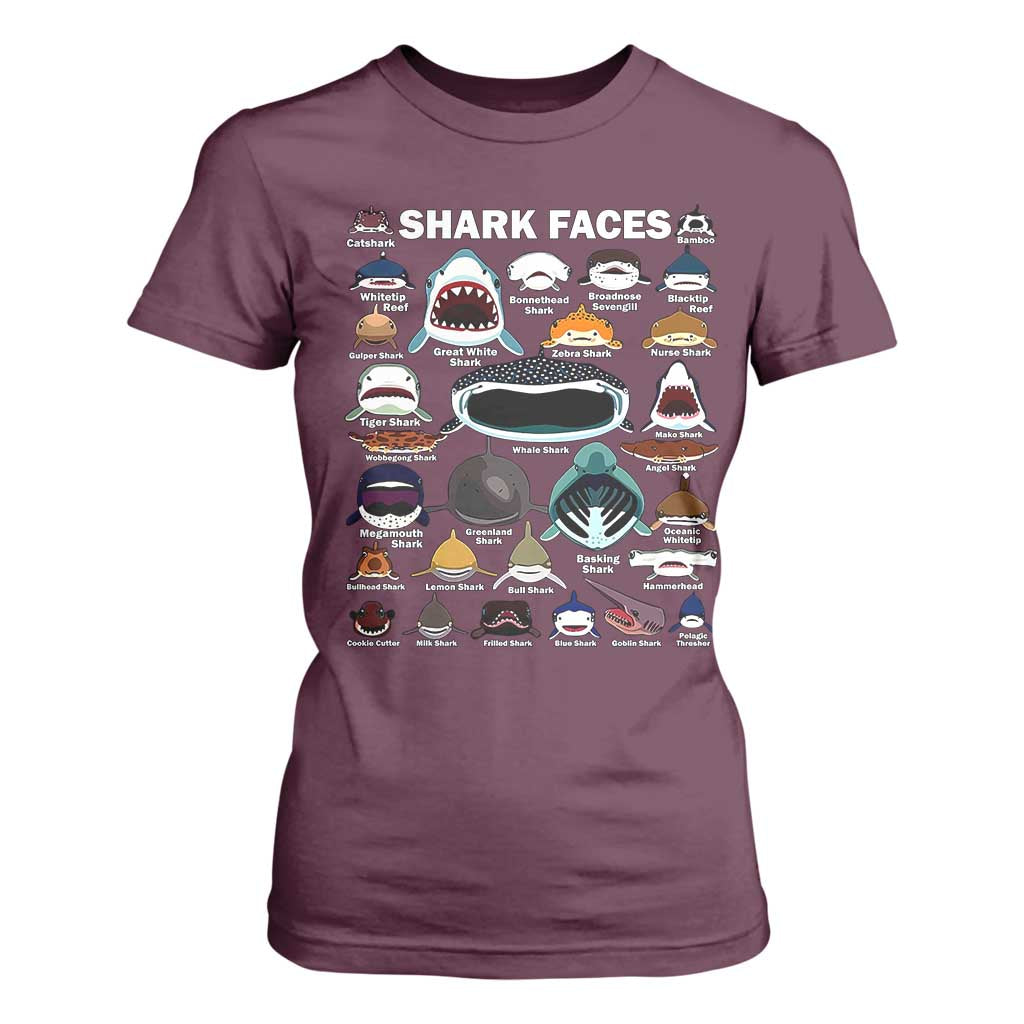 Shark Faces T Shirt For Women Type Of Sharks Identification Marine Biology TS02 Maroon Print Your Wear