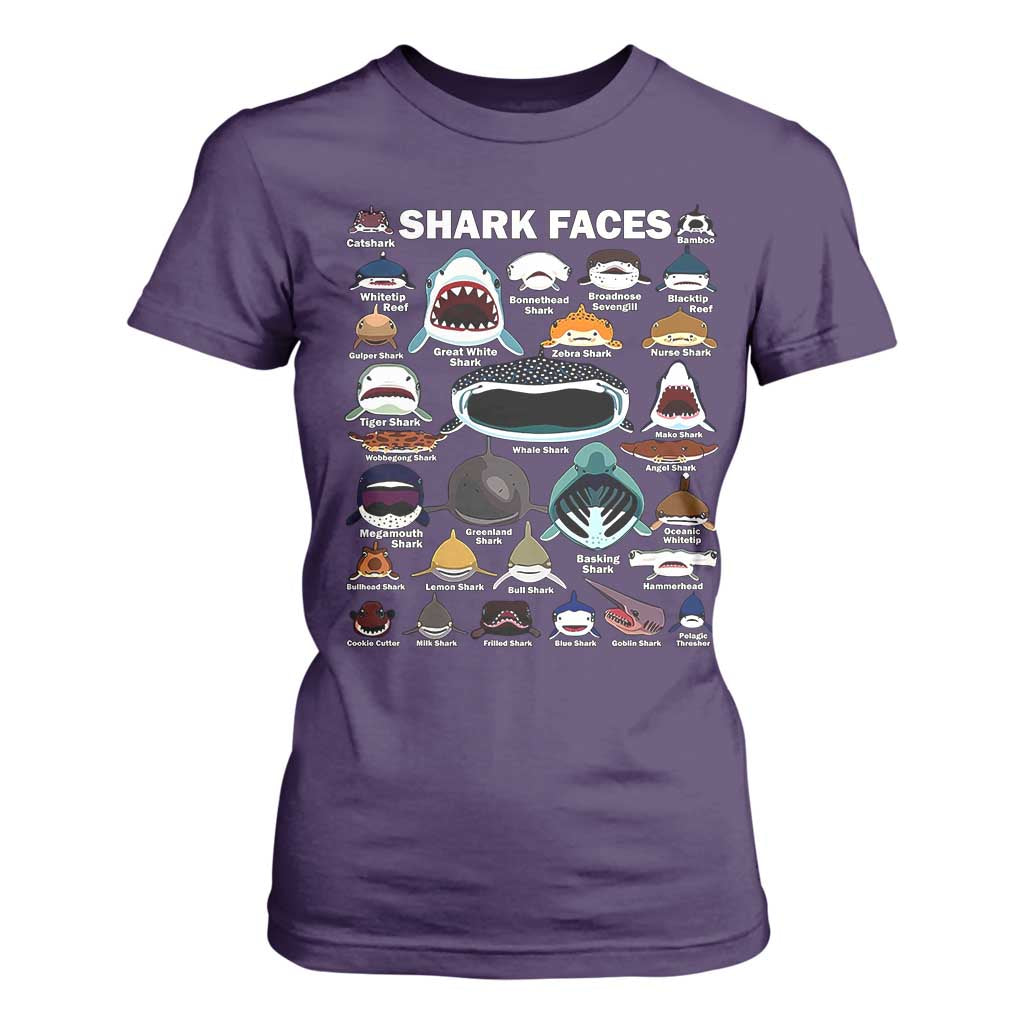 Shark Faces T Shirt For Women Type Of Sharks Identification Marine Biology TS02 Purple Print Your Wear