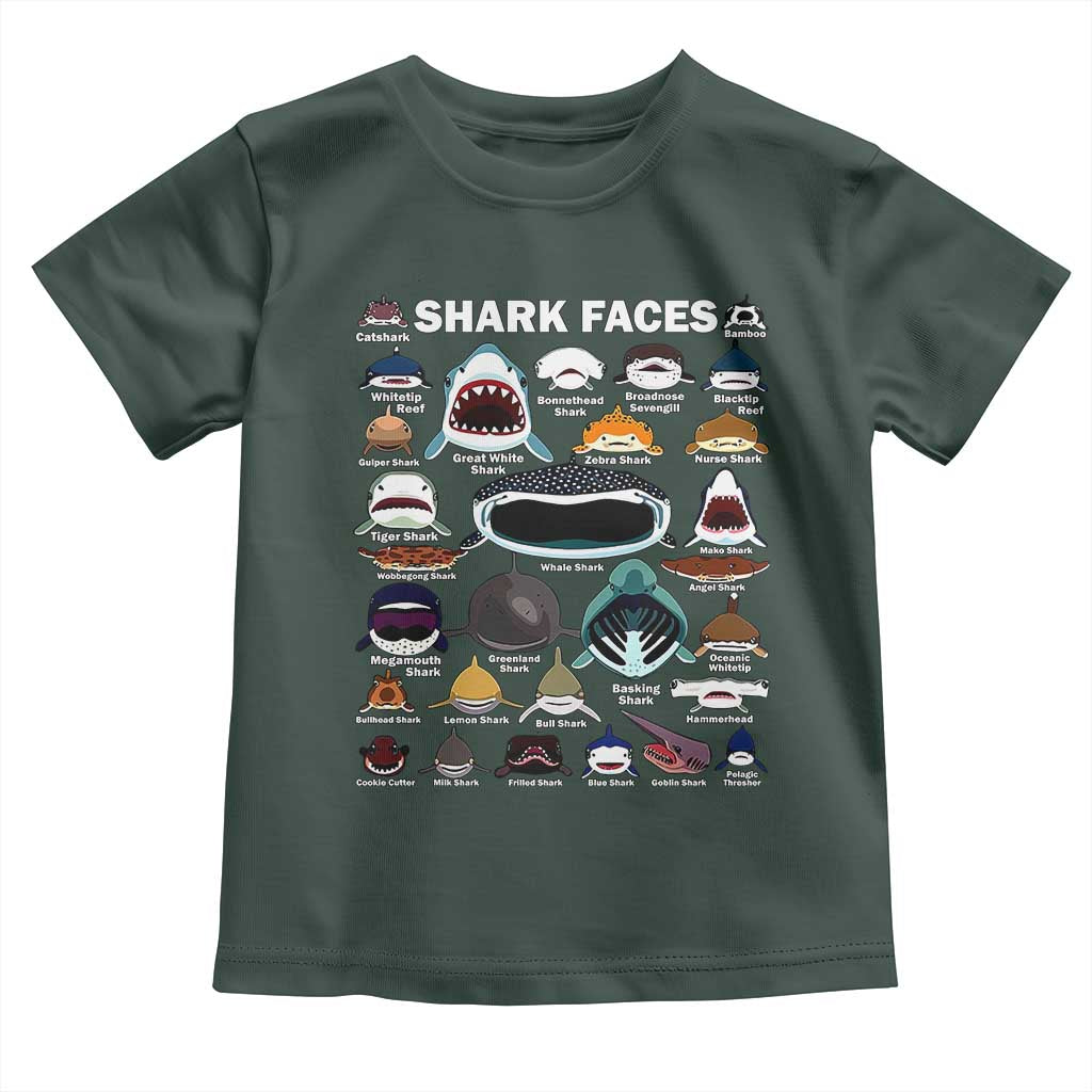 Shark Faces Toddler T Shirt Type Of Sharks Identification Marine Biology TS02 Dark Forest Green Print Your Wear