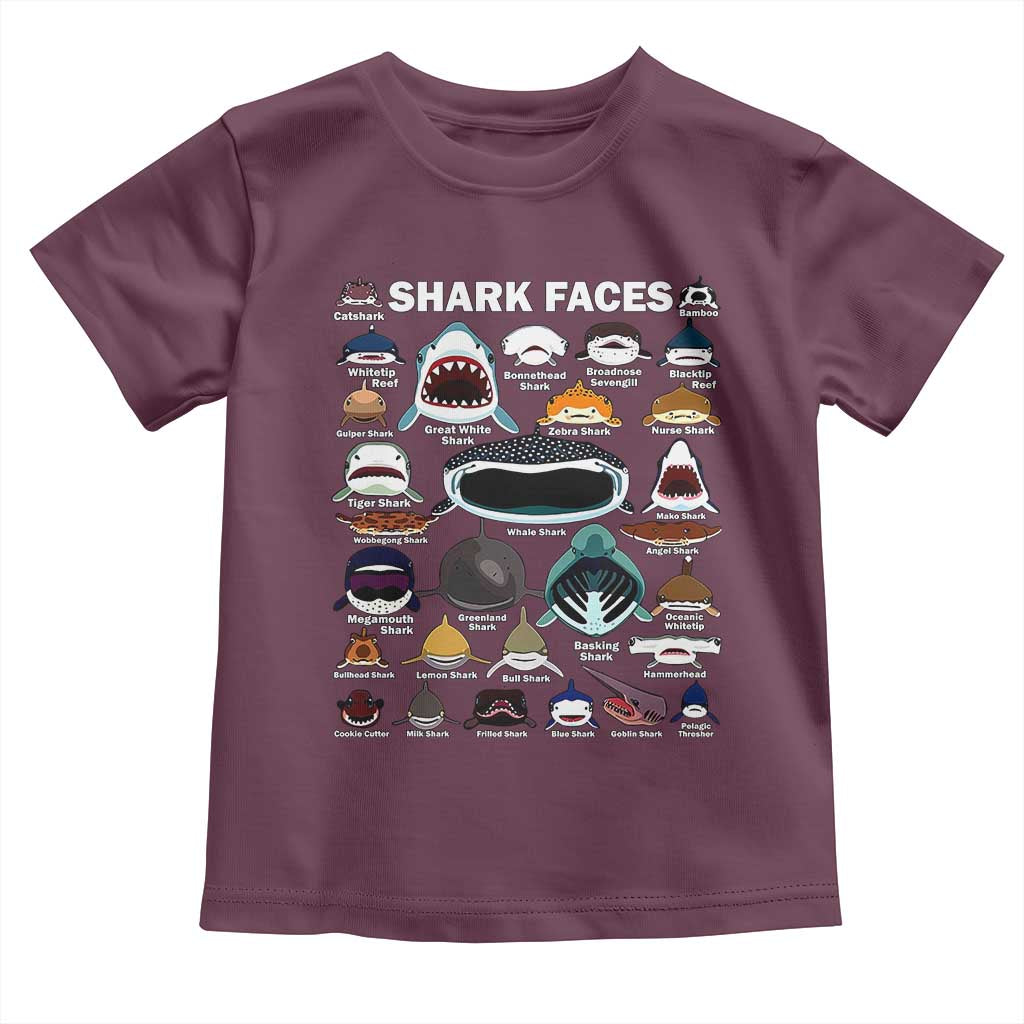Shark Faces Toddler T Shirt Type Of Sharks Identification Marine Biology TS02 Maroon Print Your Wear