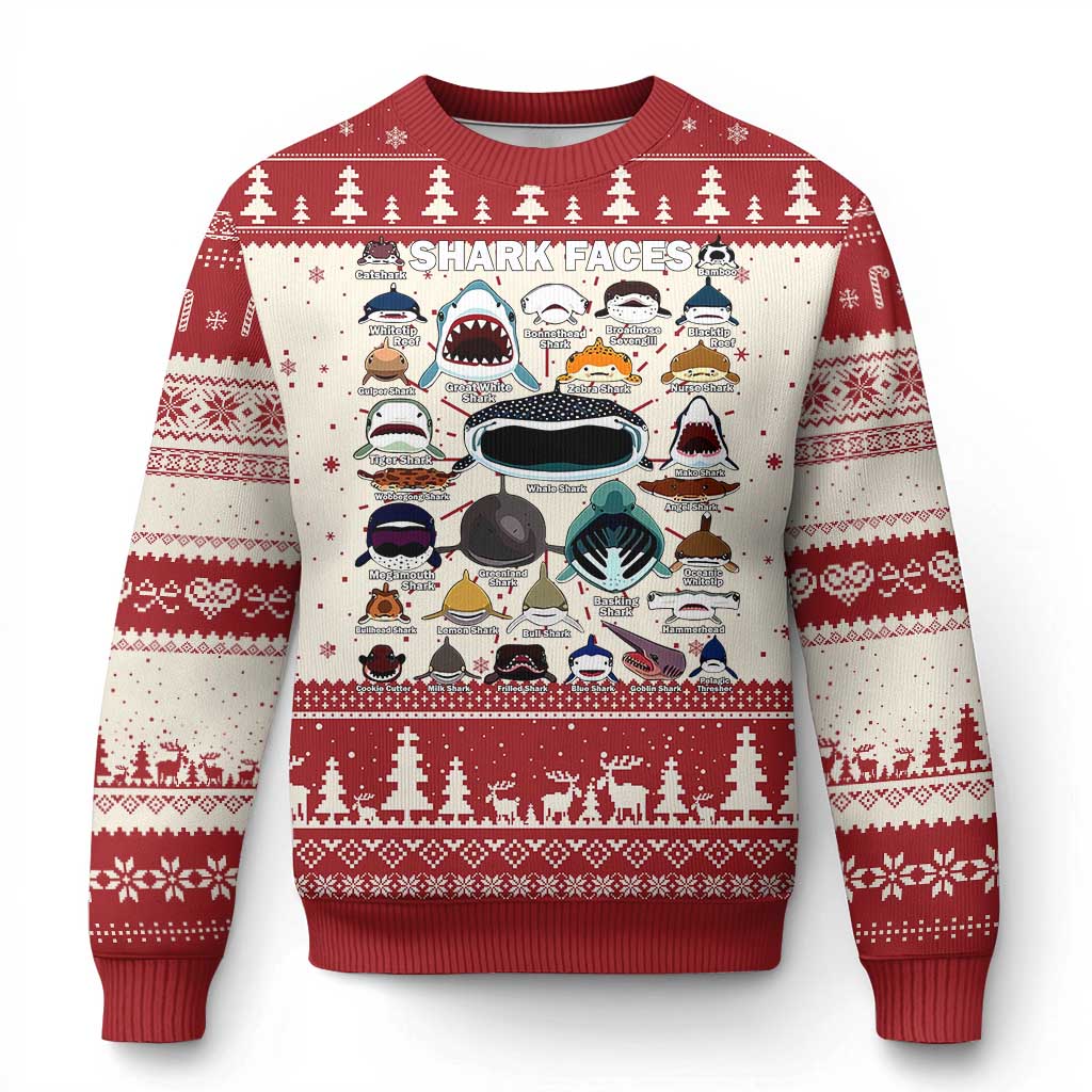 Shark Faces Ugly Christmas Sweater Type Of Sharks Identification Marine Biology TS02 Red Print Your Wear
