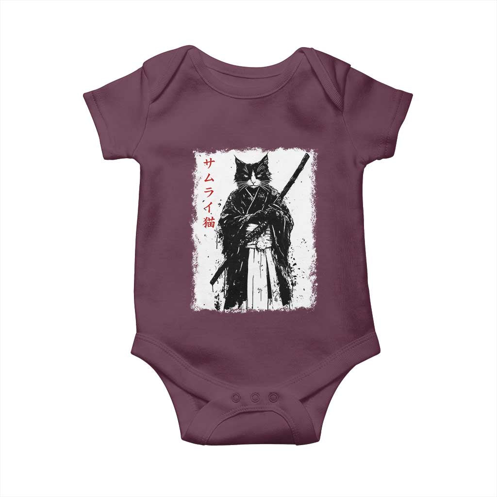 Japanese Samurai Cat Baby Onesie Retro Vintage Ukiyo-e Warrior Art Graphic TS02 Maroon Print Your Wear