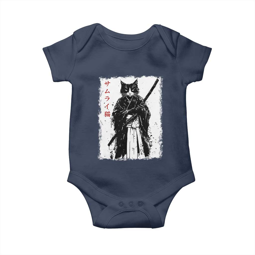 Japanese Samurai Cat Baby Onesie Retro Vintage Ukiyo-e Warrior Art Graphic TS02 Navy Print Your Wear