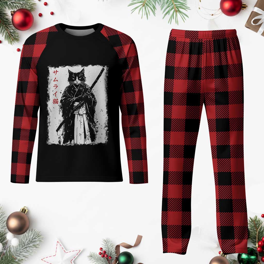 Japanese Samurai Cat Plaid Pajama Set Retro Vintage Ukiyo-e Warrior Art Graphic TS02 Buffalo Plaid Print Your Wear