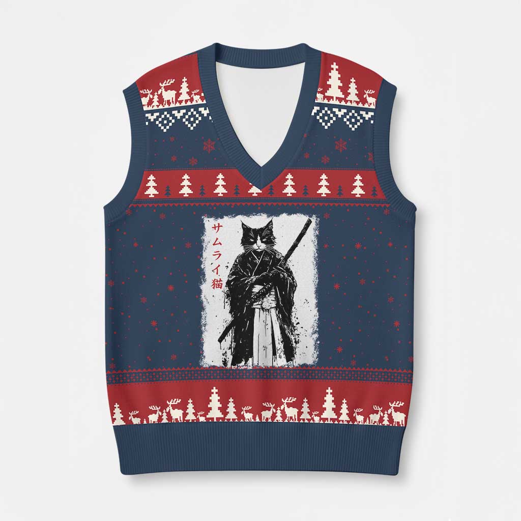 Japanese Samurai Cat V-Neck Knit Sweater Vest Retro Vintage Ukiyo-e Warrior Art Graphic TS02 Navy Red Print Your Wear